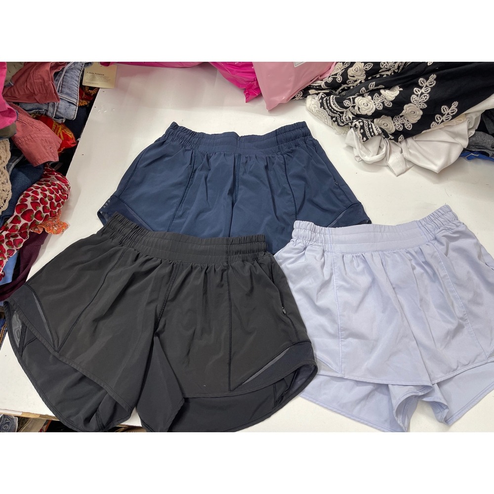 Lululemon Hotty Hot High Rise Lined Shorts 3 Pr Bundle Black Navy Lavender Sz 6